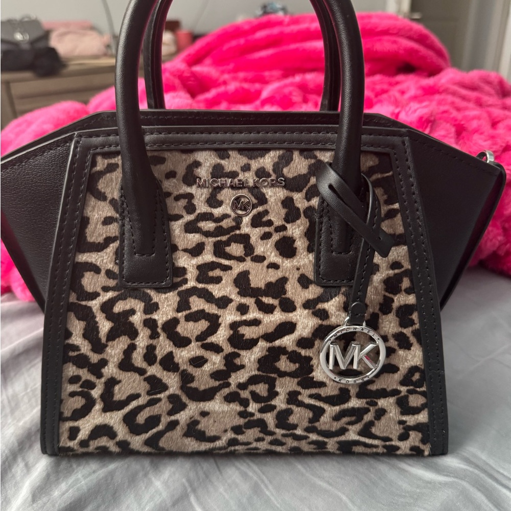 Michael Kors Leopard Print Satchel with Black Accents with matching wallet